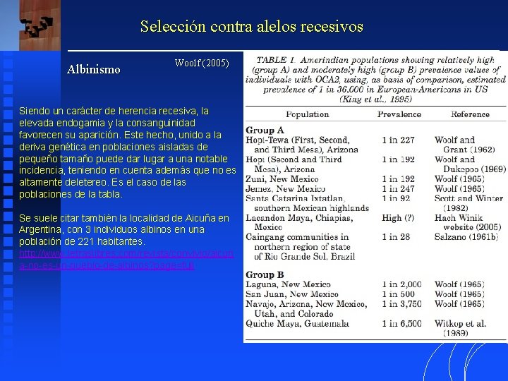 Selección contra alelos recesivos Albinismo Woolf (2005) Siendo un carácter de herencia recesiva, la Selección contra alelos recesivos Albinismo Woolf (2005) Siendo un carácter de herencia recesiva, la