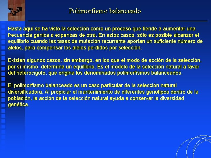 Polimorfismo balanceado Hasta aquí se ha visto la selección como un proceso que tiende Polimorfismo balanceado Hasta aquí se ha visto la selección como un proceso que tiende