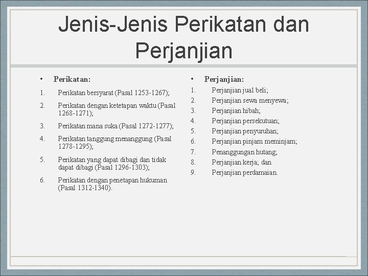 Jenis-Jenis Perikatan dan Perjanjian • Perikatan: 1. Perikatan bersyarat (Pasal 1253 -1267); 2. Perikatan