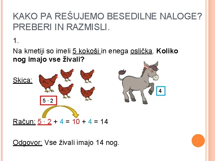 KAKO PA REŠUJEMO BESEDILNE NALOGE? PREBERI IN RAZMISLI. 1. Na kmetiji so imeli 5 KAKO PA REŠUJEMO BESEDILNE NALOGE? PREBERI IN RAZMISLI. 1. Na kmetiji so imeli 5