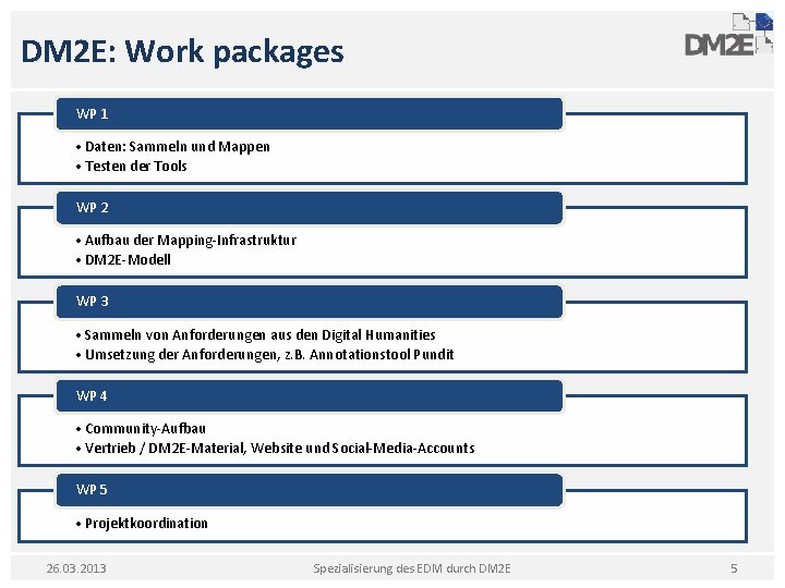 DM 2 E: Work packages WP 1 • Daten: Sammeln und Mappen • Testen