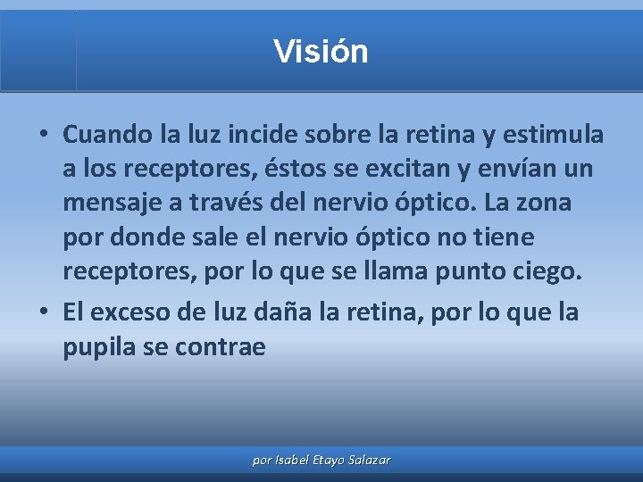 Visión • Cuando la luz incide sobre la retina y estimula a los receptores,