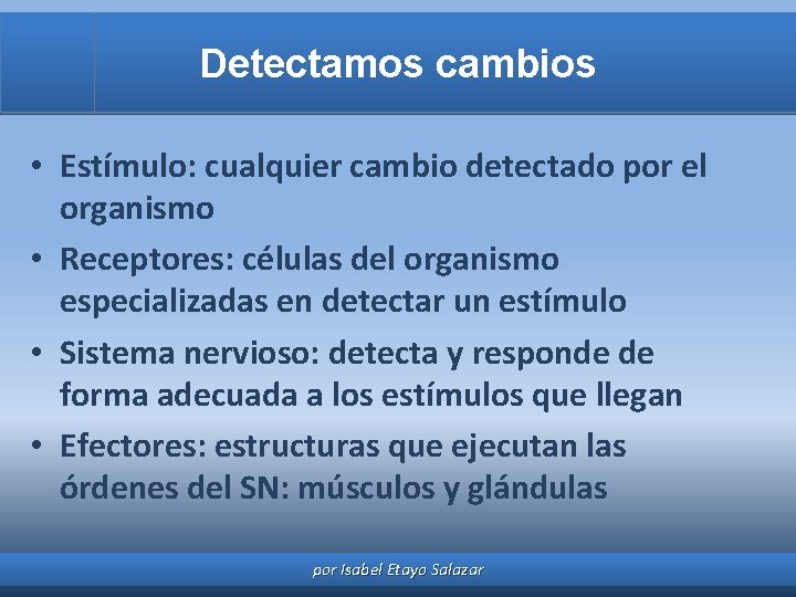 Detectamos cambios • Estímulo: cualquier cambio detectado por el organismo • Receptores: células del