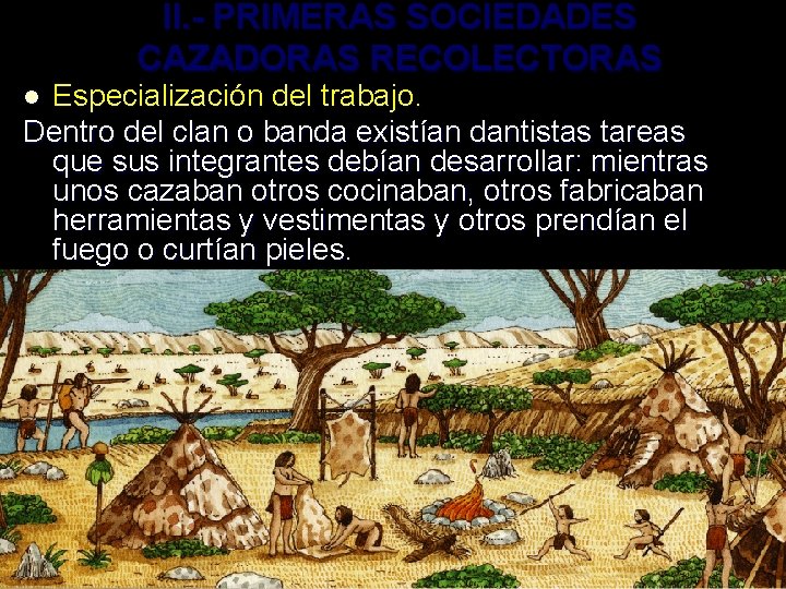 II. - PRIMERAS SOCIEDADES CAZADORAS RECOLECTORAS Especialización del trabajo. Dentro del clan o banda II. - PRIMERAS SOCIEDADES CAZADORAS RECOLECTORAS Especialización del trabajo. Dentro del clan o banda