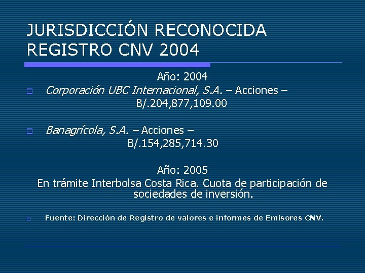 JURISDICCIÓN RECONOCIDA REGISTRO CNV 2004 Año: 2004 o Corporación UBC Internacional, S. A. –