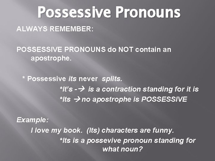 Possessive Pronouns ALWAYS REMEMBER: POSSESSIVE PRONOUNS do NOT contain an apostrophe. * Possessive its