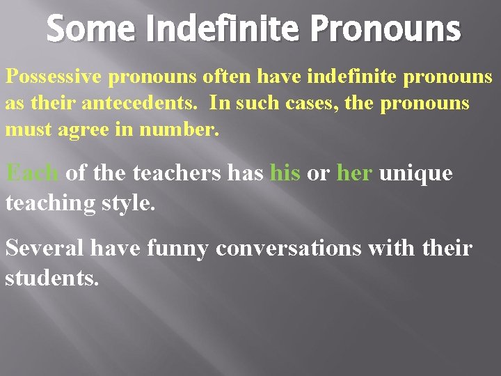 Some Indefinite Pronouns Possessive pronouns often have indefinite pronouns as their antecedents. In such