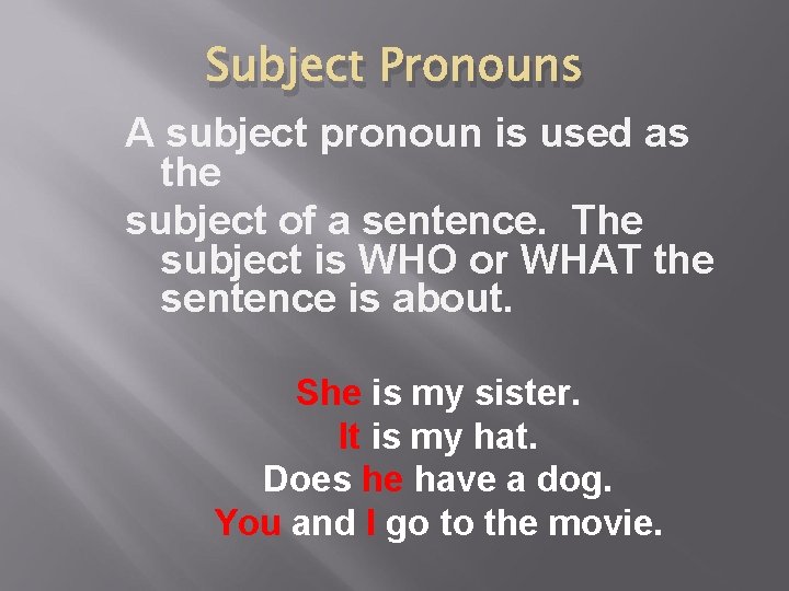 Subject Pronouns A subject pronoun is used as the subject of a sentence. The