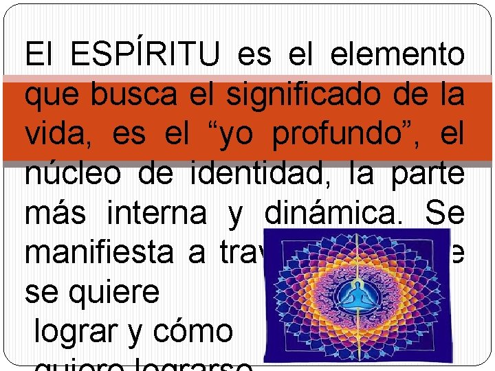 El ESPÍRITU es el elemento que busca el significado de la vida, es el