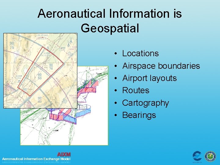 Aeronautical Information is Geospatial • • • Locations Airspace boundaries Airport layouts Routes Cartography