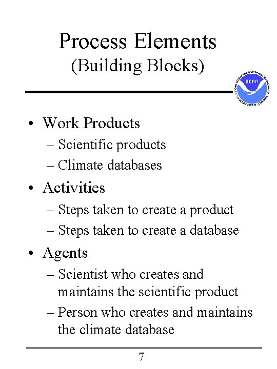 Process Elements (Building Blocks) • Work Products – Scientific products – Climate databases • Process Elements (Building Blocks) • Work Products – Scientific products – Climate databases •