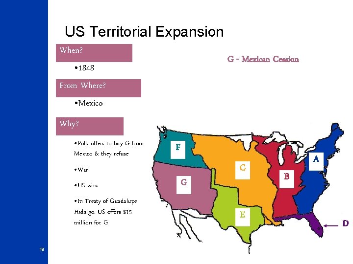 US Territorial Expansion When? G - Mexican Cession • 1848 From Where? • Mexico