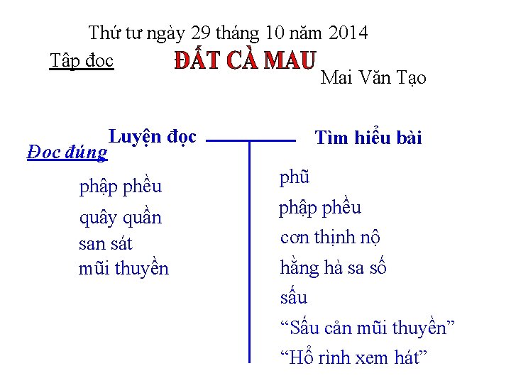 Thứ tư ngày 29 tháng 10 năm 2014 Tập đọc Mai Văn Tạo Đọc