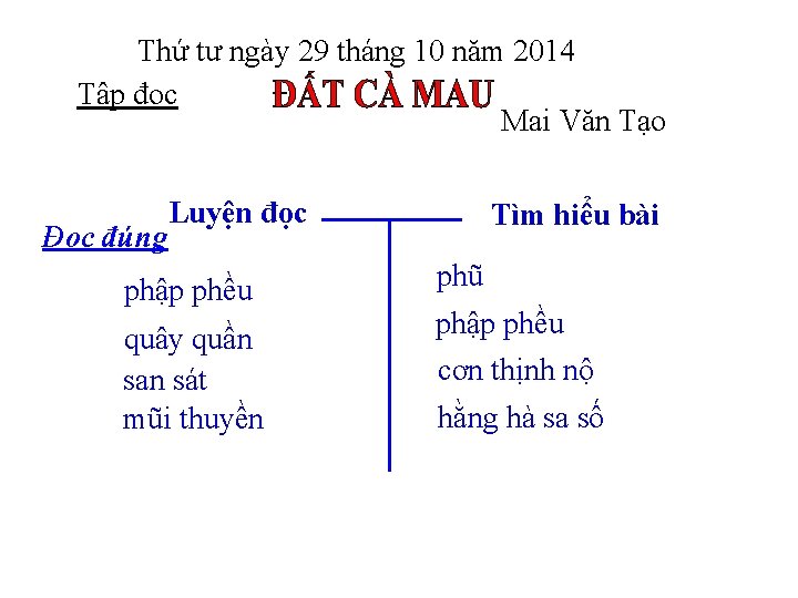 Thứ tư ngày 29 tháng 10 năm 2014 Tập đọc Mai Văn Tạo Đọc