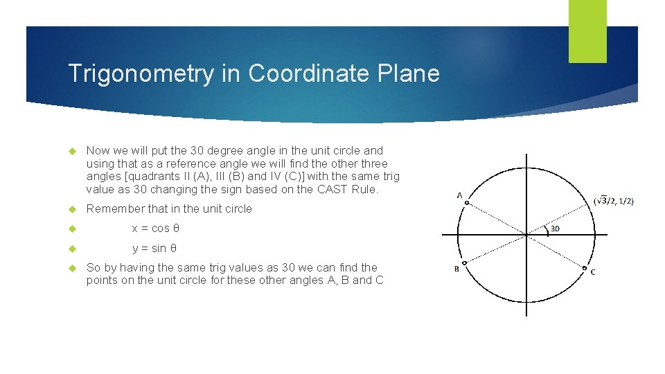 Trigonometry in Coordinate Plane Now we will put the 30 degree angle in the