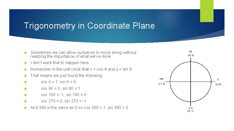 Trigonometry in Coordinate Plane Sometimes we can allow ourselves to move along without realizing