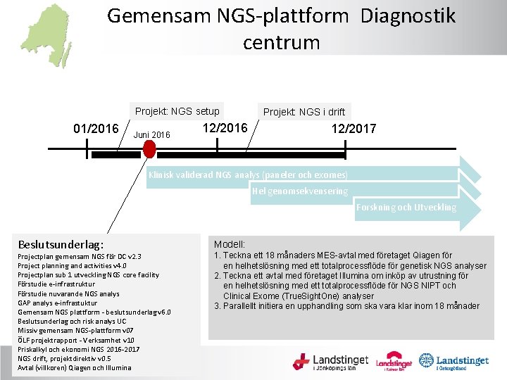 Gemensam NGS-plattform Diagnostik centrum Projekt: NGS setup 01/2016 Juni 2016 12/2016 Projekt: NGS i