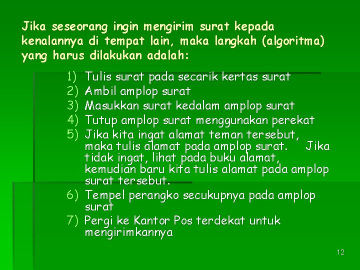 Jika seseorang ingin mengirim surat kepada kenalannya di tempat lain, maka langkah (algoritma) yang