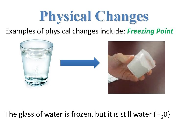 Physical Changes Examples of physical changes include: Freezing Point The glass of water is Physical Changes Examples of physical changes include: Freezing Point The glass of water is