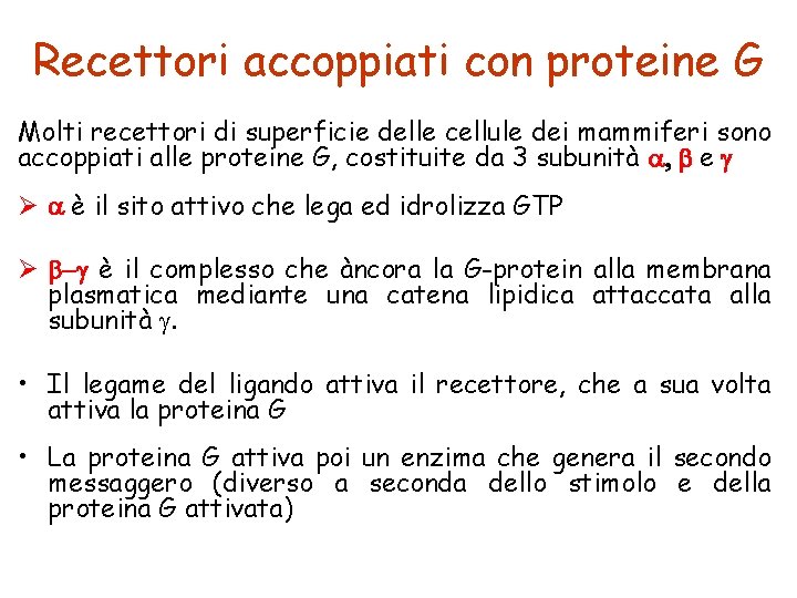 Recettori accoppiati con proteine G Molti recettori di superficie delle cellule dei mammiferi sono