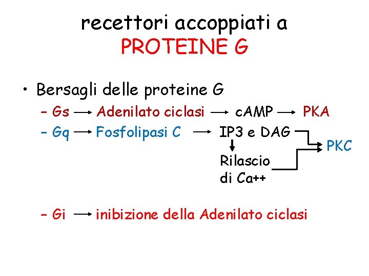 recettori accoppiati a PROTEINE G • Bersagli delle proteine G – Gs – Gq