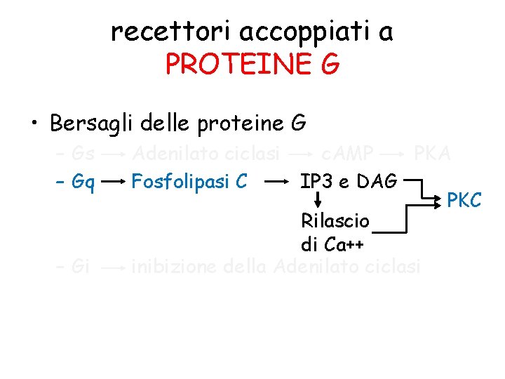 recettori accoppiati a PROTEINE G • Bersagli delle proteine G – Gs – Gq