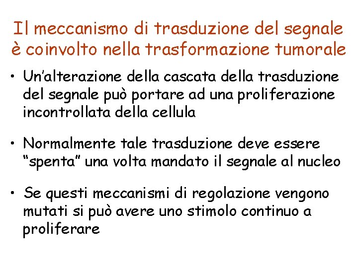 Il meccanismo di trasduzione del segnale è coinvolto nella trasformazione tumorale • Un’alterazione della