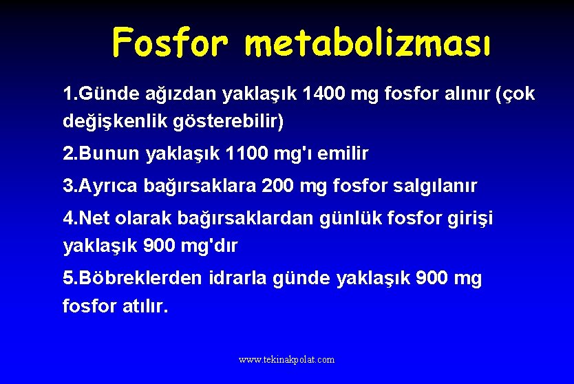 Fosfor metabolizması 1. Günde ağızdan yaklaşık 1400 mg fosfor alınır (çok değişkenlik gösterebilir) 2.