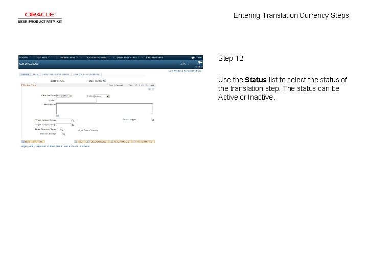 Entering Translation Currency Steps Step 12 Use the Status list to select the status