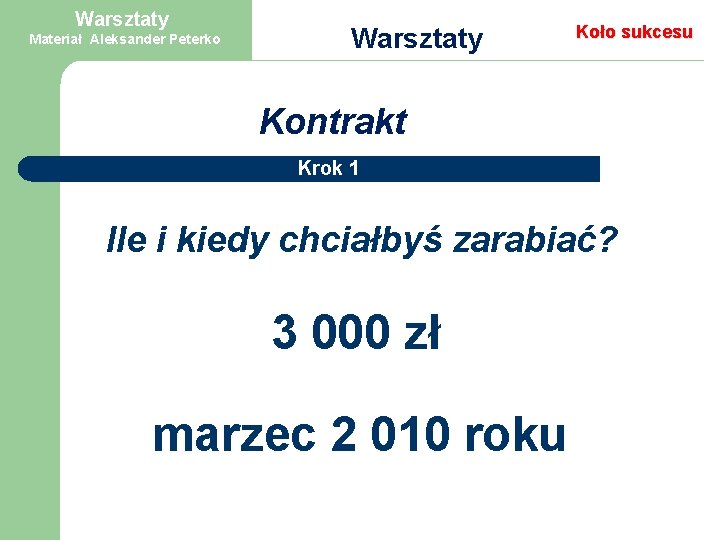 Warsztaty Materiał Aleksander Peterko Warsztaty Koło sukcesu Kontrakt Krok 1 współpracując z Firmą WINALITE