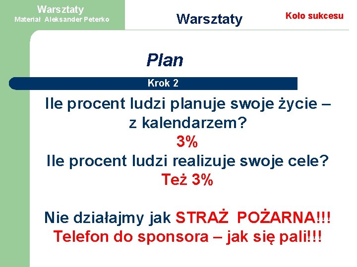 Warsztaty Materiał Aleksander Peterko Warsztaty Koło sukcesu Plan Krok 2 Ile procent ludzi planuje