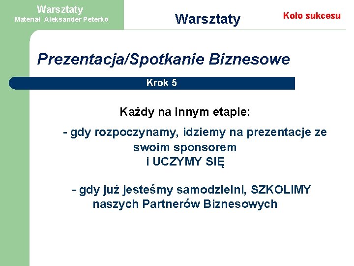 Warsztaty Materiał Aleksander Peterko Warsztaty Koło sukcesu Prezentacja/Spotkanie Biznesowe Krok 5 Każdy na innym