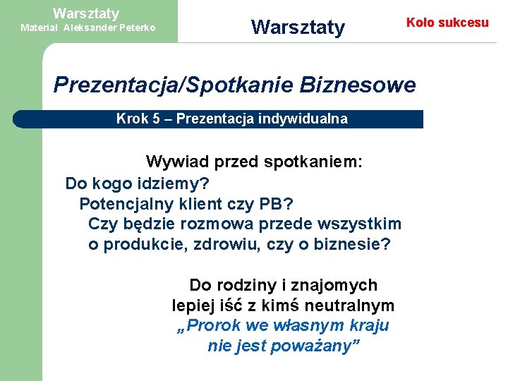 Warsztaty Materiał Aleksander Peterko Warsztaty Koło sukcesu Prezentacja/Spotkanie Biznesowe Krok 5 – Prezentacja indywidualna