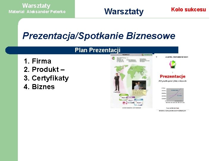 Warsztaty Materiał Aleksander Peterko Warsztaty Koło sukcesu Prezentacja/Spotkanie Biznesowe Plan Prezentacji 1. Firma 2.