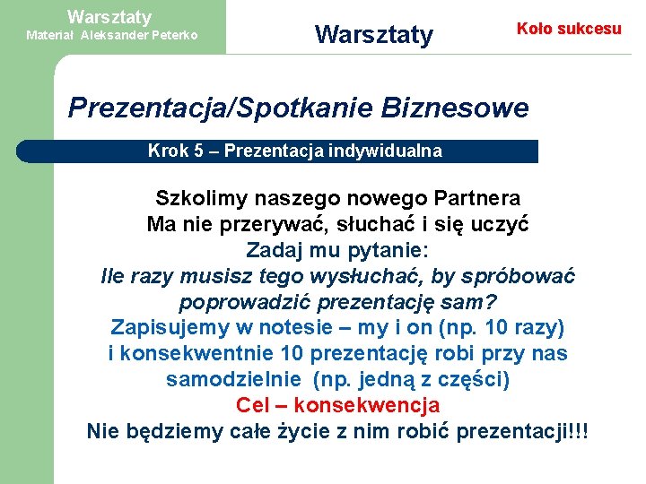 Warsztaty Materiał Aleksander Peterko Warsztaty Koło sukcesu Prezentacja/Spotkanie Biznesowe Krok 5 – Prezentacja indywidualna