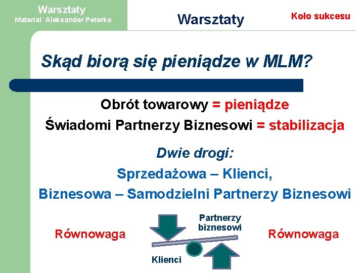 Warsztaty Materiał Aleksander Peterko Warsztaty Koło sukcesu Skąd biorą się pieniądze w MLM? Obrót