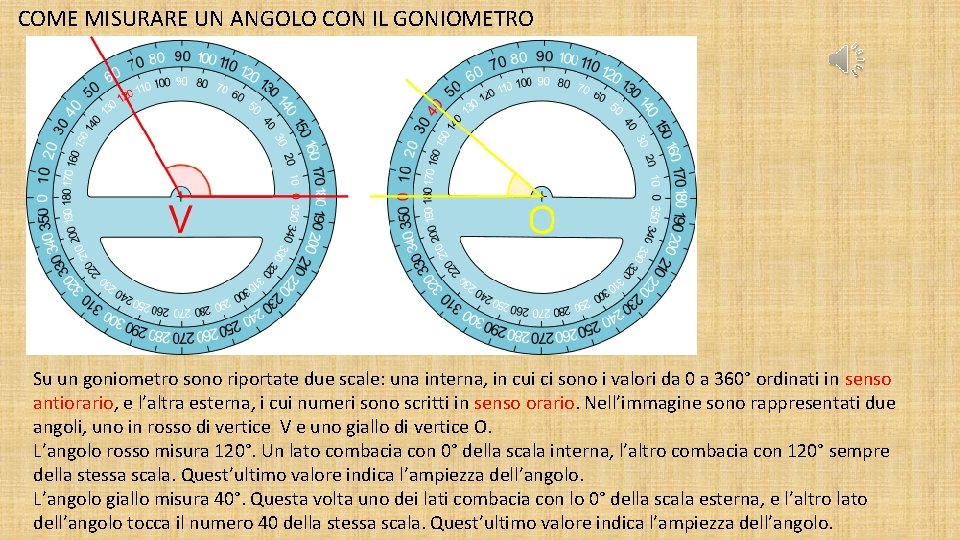 COME MISURARE UN ANGOLO CON IL GONIOMETRO Su un goniometro sono riportate due scale: