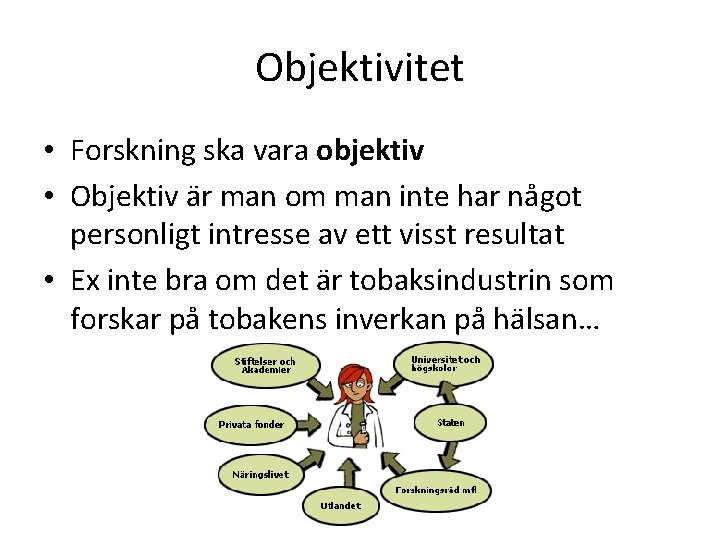 Objektivitet • Forskning ska vara objektiv • Objektiv är man om man inte har