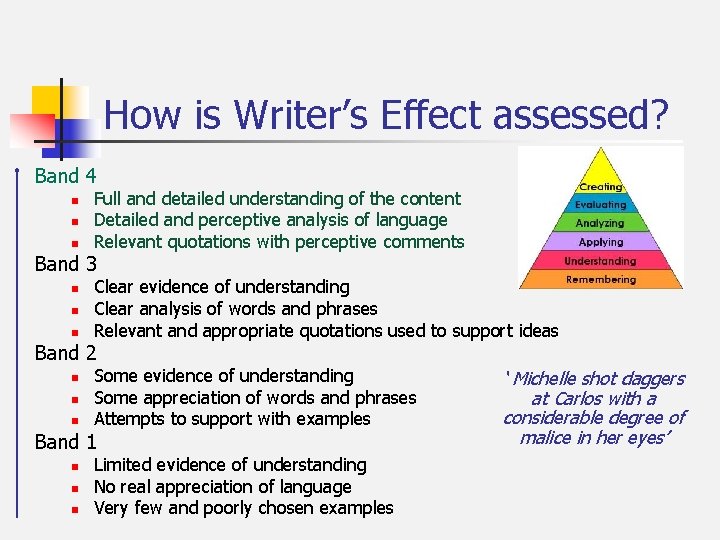 How is Writer’s Effect assessed? Band 4 n n n Full and detailed understanding