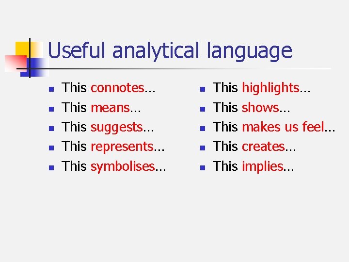 Useful analytical language n n n This This connotes… means… suggests… represents… symbolises… n