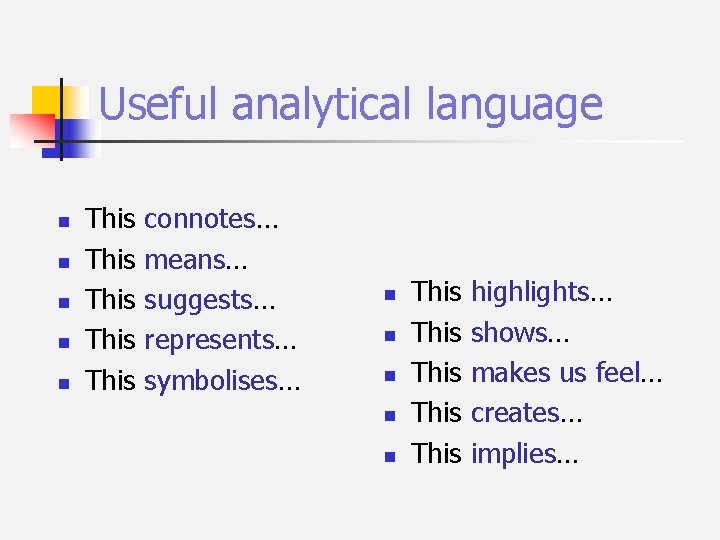 Useful analytical language n n n This This connotes… means… suggests… represents… symbolises… n