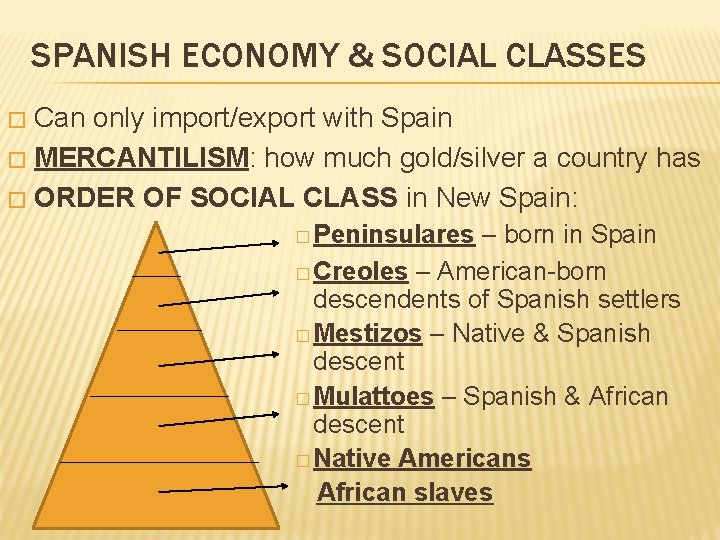 SPANISH ECONOMY & SOCIAL CLASSES Can only import/export with Spain � MERCANTILISM: how much