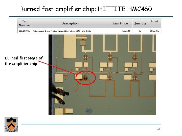 Burned fast amplifier chip: HITTITE HMC 460 Burned first stage of the amplifier chip