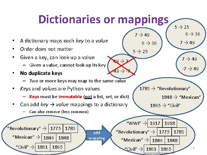 Dictionaries or mappings • A dictionary maps each key to a value • Order