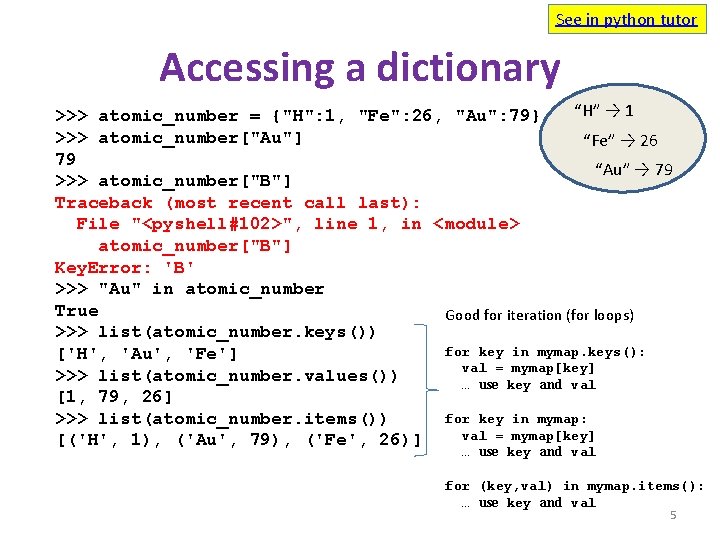 See in python tutor Accessing a dictionary “H” → 1 >>> atomic_number = {"H":