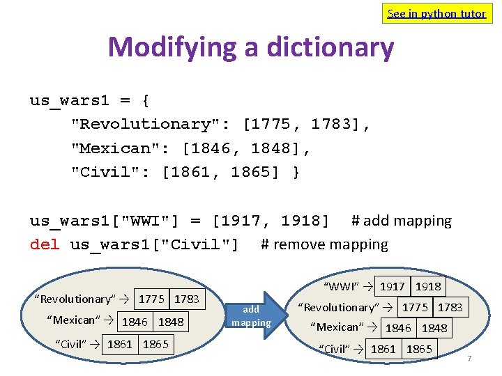 See in python tutor Modifying a dictionary us_wars 1 = { "Revolutionary": [1775, 1783],