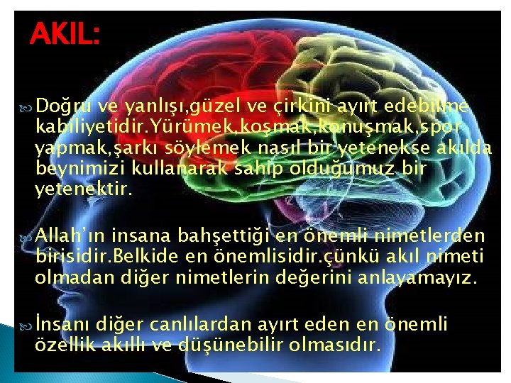 AKIL: Doğru ve yanlışı, güzel ve çirkini ayırt edebilme kabiliyetidir. Yürümek, koşmak, konuşmak, spor