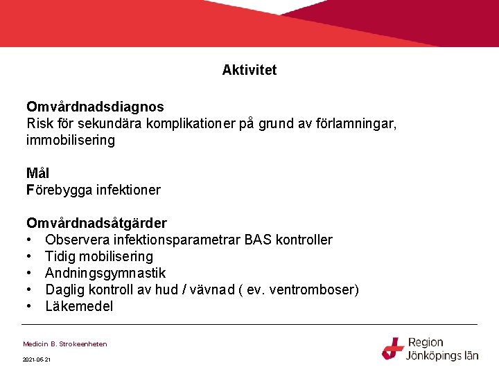 Aktivitet Omvårdnadsdiagnos Risk för sekundära komplikationer på grund av förlamningar, immobilisering Mål Förebygga infektioner Aktivitet Omvårdnadsdiagnos Risk för sekundära komplikationer på grund av förlamningar, immobilisering Mål Förebygga infektioner