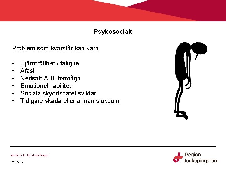 Psykosocialt Problem som kvarstår kan vara • • • Hjärntrötthet / fatigue Afasi Nedsatt Psykosocialt Problem som kvarstår kan vara • • • Hjärntrötthet / fatigue Afasi Nedsatt