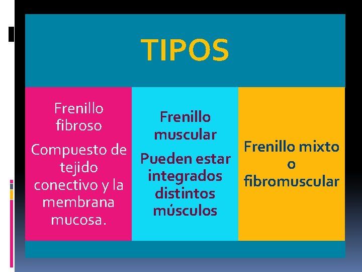 TIPOS Frenillo fibroso muscular Frenillo mixto Compuesto de Pueden estar o tejido integrados fibromuscular